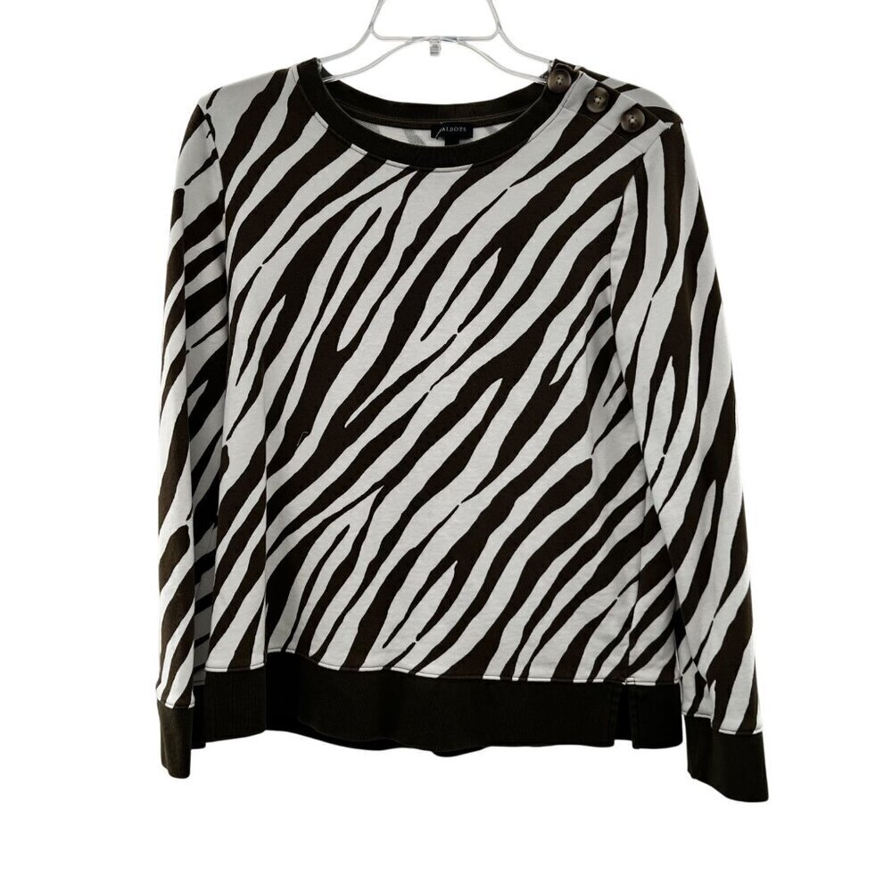 Talbots Women's Zebra Print Sweatshirt Brown/White Size Medium Buttons
